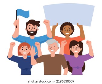 Cheerleading group, happy people celebrating and excited. Banners posters.