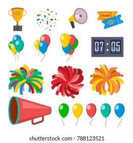 Cheerleading Icons Set Vector. Cheerleaders Accessories. Pompoms, Balloons, Confetti, Megaphone. Isolated Flat Cartoon Illustration