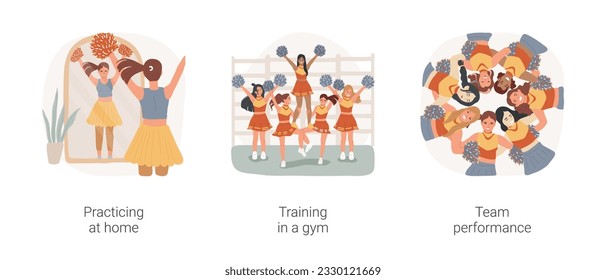 Cheerleading isolated cartoon vector illustration set. Teenage cheerleader practicing at home, girls training at gym, team performance, sport match support, competitive spirit vector cartoon.