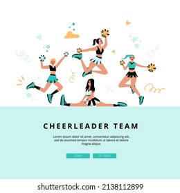 Cheerleading landing web page template. Sport competition, championship training webpage interface. Competitive game website design layout. Active lifestyle web banner concept.