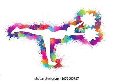 Cheerleading Logo Design. Sports Background. Colorful Dancing bright ink splashes. White silhouette of girl leader. Poms, Icon, Symbol, Exercises, Healthcare. Vector illustration.