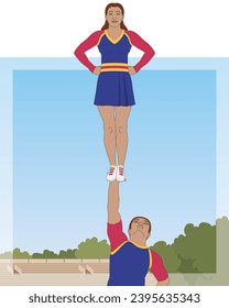 cheerleading, male cheerleader holding up female cheerleader high in air with stadium and sky in the background