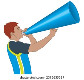 cheerleading, male cheerleader shouting in a megaphone isolated on a white background