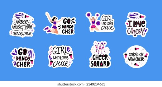 Cheerleading quotes, positive credos hand drawn lettering set. Dancing girls sports women in uniform flat illustrations with typography pack. Credo inscriptions isolated doodle drawings collection