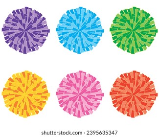 cheerleading, set of six pom-poms, purple, blue, green, yellow, orange, pink, red, isolated on a white background