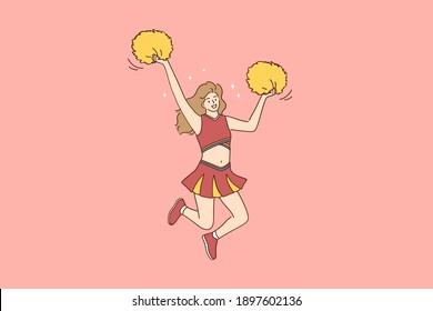 Cheerleading and sport concept. Young beautiful smiling girl cheerleader in red costume dancing moving with yellow pompoms and jumping during show vector illustration