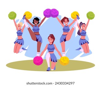 Cheerleading squad performing. Cheerful sporty ladies dancing with pompoms in hands. Acrobatic exercises, jumping, splits. Sport fan uniform. Vector cartoon illustration