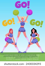 Escuadrón de porristas actuando, sosteniendo al equipo en el césped. Alegres chicas deportivas vestidas con trajes bailando sobre hierba con pompones en las manos, ejercicios acrobáticos. Vector de dibujos animados Go póster de motivación