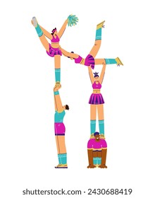 Cheerleading squad performing, holding up team high. Cheerful sporty girls and boys dressed in costumes doing acrobatic exercises with pompom. Vector cartoon flat illustration