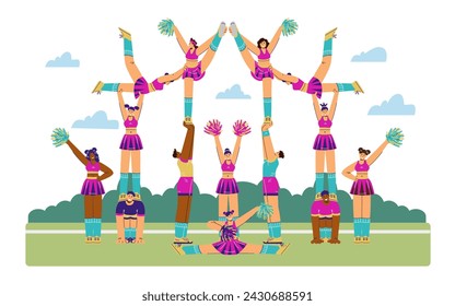 Escuadrón de porristas actuando, sosteniendo al equipo en el césped. Alegres chicas y chicos deportivos vestidos con trajes bailando sobre hierba con pompones en las manos, ejercicios acrobáticos. Ilustración de dibujos animados