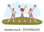 Cheerleading squad performing on football pitch. Cheerful sporty ladies dressed in costumes dancing on grass with pompoms in hands. Vector illustration