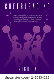 Cheerleading squad performing on landing page template. Cheerful sporty ladies in fan uniform dancing with pompoms in hands. Acrobatic exercises. Vector cartoon monochrome purple banner