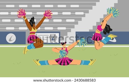 Cheerleading squad performing on stadium. Cheerful sporty ladies dressed in costumes dancing on grass with pompoms in hands. Acrobatic exercises, jumping, splits. Vector cartoon illustration