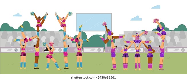 Cheerleading squad performing pyramid, two fan teams at the stadium. Cheerful sporty girls and boys in costumes dancing on grass with pompoms, acrobatic exercises. Vector cartoon illustration
