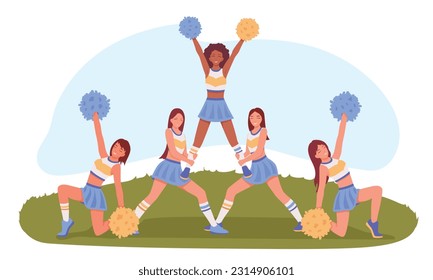 Cheerleading squad showing stunt on football field. Group of smiling happy athletic girls dressed in costumes performing pyramid on grass. Vector illustration