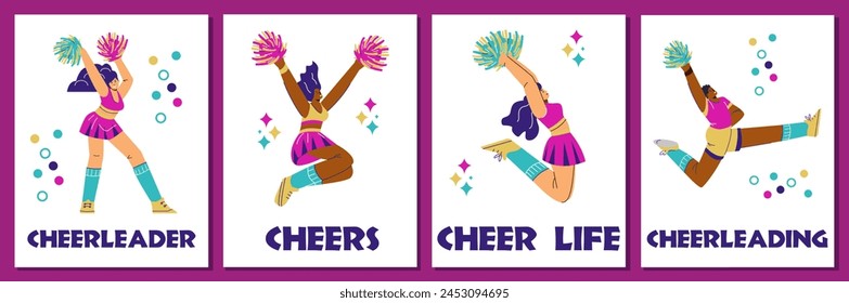 Cheerleading team banners or posters collection with female cartoon characters, flat vector illustration on white background. Sport cheerleaders and fans support team.