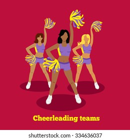 Cheerleading team concept flat design. Cheers and pompom, background cheerleader, football college sport, uniform for school game, competition dance, dancer champion illustration