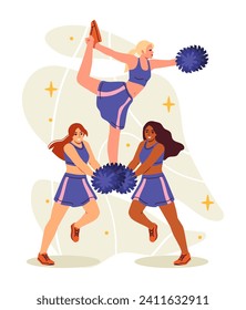 Cheerleading team concept. Women in blue dresses and tshirts. Beautiful dancers with accessories perform at sportive event. Cartoon flat vector illustration isolated on white background