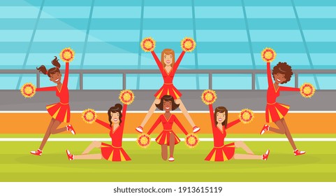 Cheerleading Team Dancing Together with Pom Poms, Fans Girls in Red Uniform Performing on Football Stadium Outdoors Vector Illustration