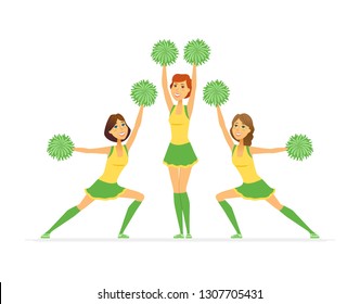 Cheerleading team - modern cartoon people characters illustration isolated on white background. Colorful composition with cheerleaders, smiling girls in yellow, green uniforms dancing on competitions