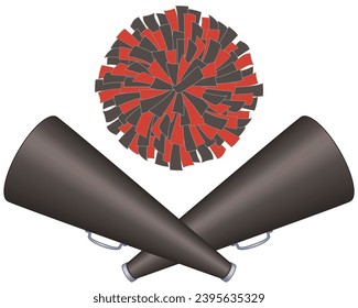 cheerleading, two black megaphones crossed with pom-pom isolated on a white background