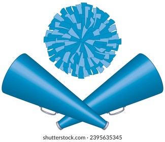 cheerleading, two blue megaphones crossed with pom-pom isolated on a white background