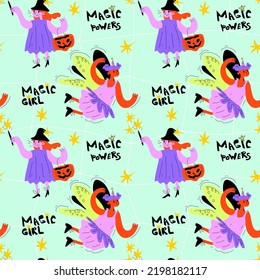 A cheerless pattern of girls in a witch and fairy costume for Halloween