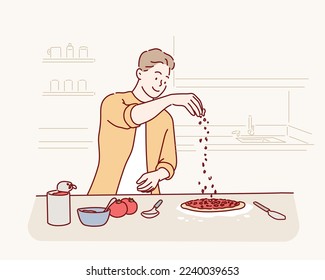  Alegre hombre sorprendido chef marido vestiendo pasta de pizza casera en superficie de madera. Ilustraciones de diseño vectorial de estilo dibujado a mano.