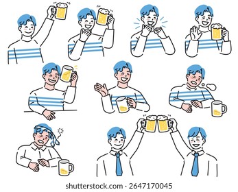 Cheers, alcohol and beer drinking illustrations. Drinking parties, welcoming parties, refreshing, stress, drunkenness.