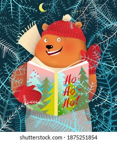 Cheers from Bear reading book for Christmas and New years, colorful greeting card for kids event. Bear celebrating winter fun. Children vector illustration in watercolor style.