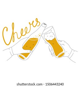 Cheers with beer bottle and mug vector illustration isolated on a white background.