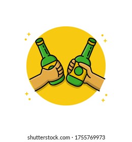 Cheers With Beer Bottle Vector Icon Illustration Conceptual. Bottle Softdrink Cartoon Design