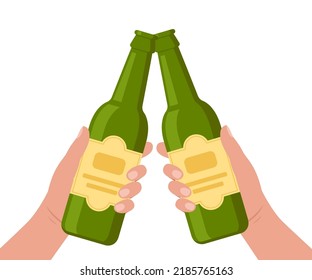Cheers with beer bottles. Hands holding bottles with alcohol drinks. Friends toast on pub or bar party. Vector illustration