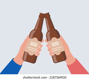 Cheers with beer bottles. Hands holding bottles with alcohol drinks. Friends toast on pub or bar party. Vector illustration