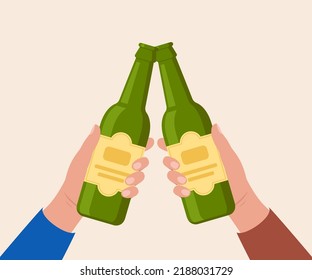 Cheers with beer bottles. Hands holding bottles with alcohol drinks. Friends toast on pub or bar party. Vector illustration