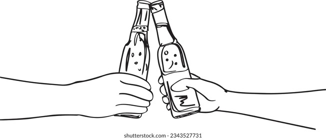 Cheers! Beer Bottles Toasting: Simple Sketch Drawing, Cartoon Cheers: Beer Bottles Toasting in Sketch, Hands Holding Beer Bottles: Simple One-Line Illustration, Beer Celebration