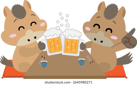 Cheers with Beer! Celebrating New Year with Horse Characters (Year of the Horse)