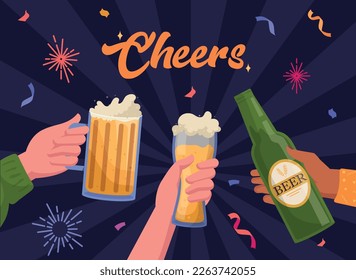 Cheers with beer. Characters holding glasses with alcoholic drinks and bottle of beer. Holiday and festival, toast. Design element for greeting and invitation card. Cartoon flat vector illustration