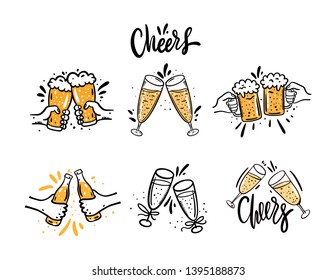 Cheers with beer glasses. Hand drawn vector illustration set. Cartoon style. Isolated on white background. Design for banner, poster, greeting cards, web, invitation to party.