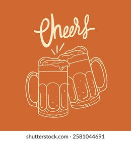 Cheers – Beer Mugs Clinking, Vintage Hand-Drawn Illustration,Vintage hand drawn illustration of two beer mugs colliding with each other with the lettering Cheers. Ideal for Oktoberfest, beer festivals