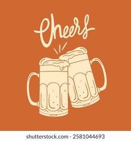 Cheers – Beer Mugs Clinking, Vintage Hand-Drawn Illustration,Vintage hand drawn illustration of two beer mugs colliding with each other with the lettering Cheers. Ideal for Oktoberfest, beer festivals