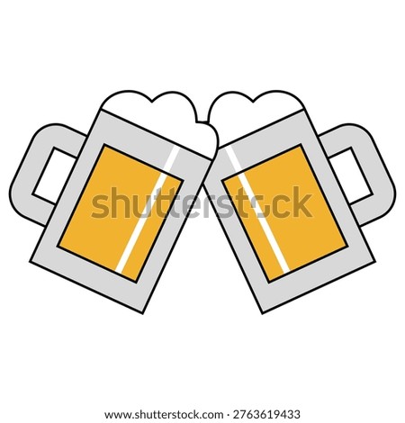 Cheers beer mugs icon, flat design clinking glass mugs with foam, minimalist brewery and celebration vector isolated on white.A clean, professional minimalist illustration of two glass beer mugs clinking together in a celebratory "cheers" gesture. This flat design features bold outlines, frothy white foam, and a vibrant golden lager color. Ideal for craft brewery branding, pub menu icons, Oktoberfest event flyers, social gathering graphics, and digital stickers. High-quality vector-style art isolated on a white background.