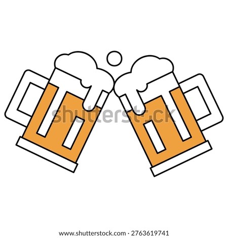 Cheers beer mugs icon, flat design clinking glass mugs with foam, minimalist brewery and celebration vector isolated on white.A clean, professional minimalist illustration of two glass beer mugs clinking together in a celebratory "cheers" gesture. This flat design features bold outlines, frothy white foam, and a vibrant golden lager color. Ideal for craft brewery branding, pub menu icons, Oktoberfest event flyers, social gathering graphics, and digital stickers. High-quality vector-style art isolated on a white background.