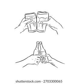 Salud, cerveza. Dos ilustraciones de vasos tintineantes.