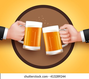 Cheers Beer of Two Man Holding Mug for Toast of Celebration. 3D Realistic Vector Illustration
