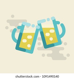 Cheers beer. Two pints of beer hits in cheers celebration. Isolated line art square illustration.