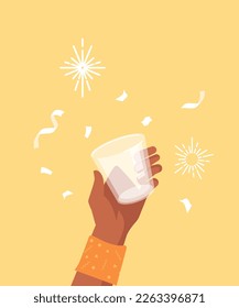 Cheers with blooming flowers. Mans hand in yellow sweater with glass. Template, layout and mock up. Symbol of holidays and festivals, New Year and Christmas. Cartoon flat vector illustration