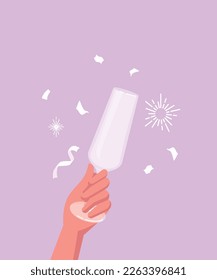 Cheers with blooming flowers. Womans hand holds glass on background of salutes and fireworks. Symbol of New Year and Christmas, holiday and festival. Cartoon flat vector illustration