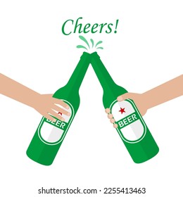 Cheers. Bottle of Beer toasting. Clinking Bottle of beer. Vector Illustration Isolated on White Background.