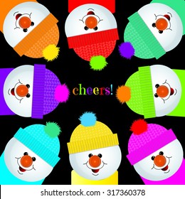 "Cheers" Brightly Colored Snowmen on Black Background
